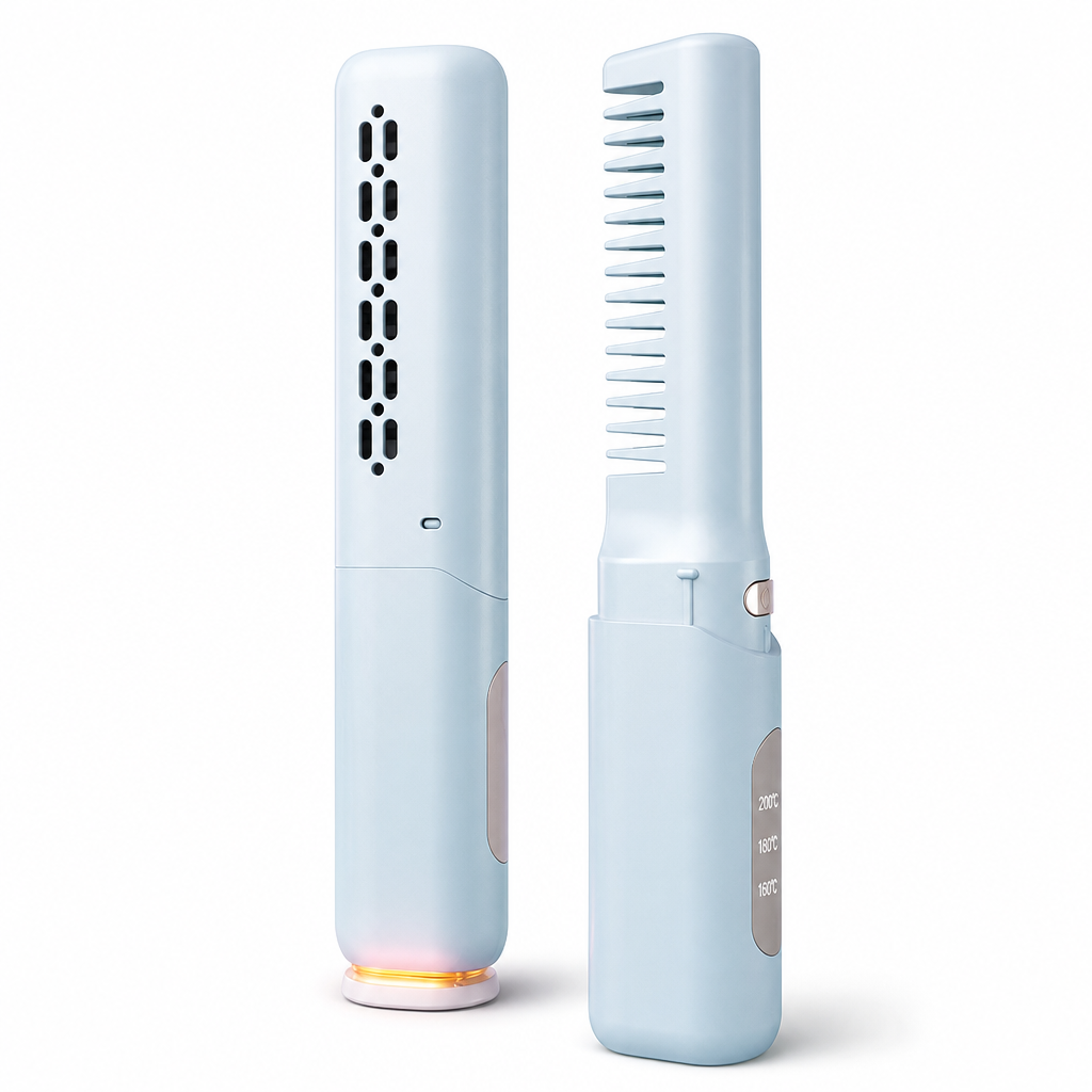 Portable Cordless Hair Straightener Brush and Curler 2 in 1 Mini Rechargeable Hair Straightening Comb for Travel