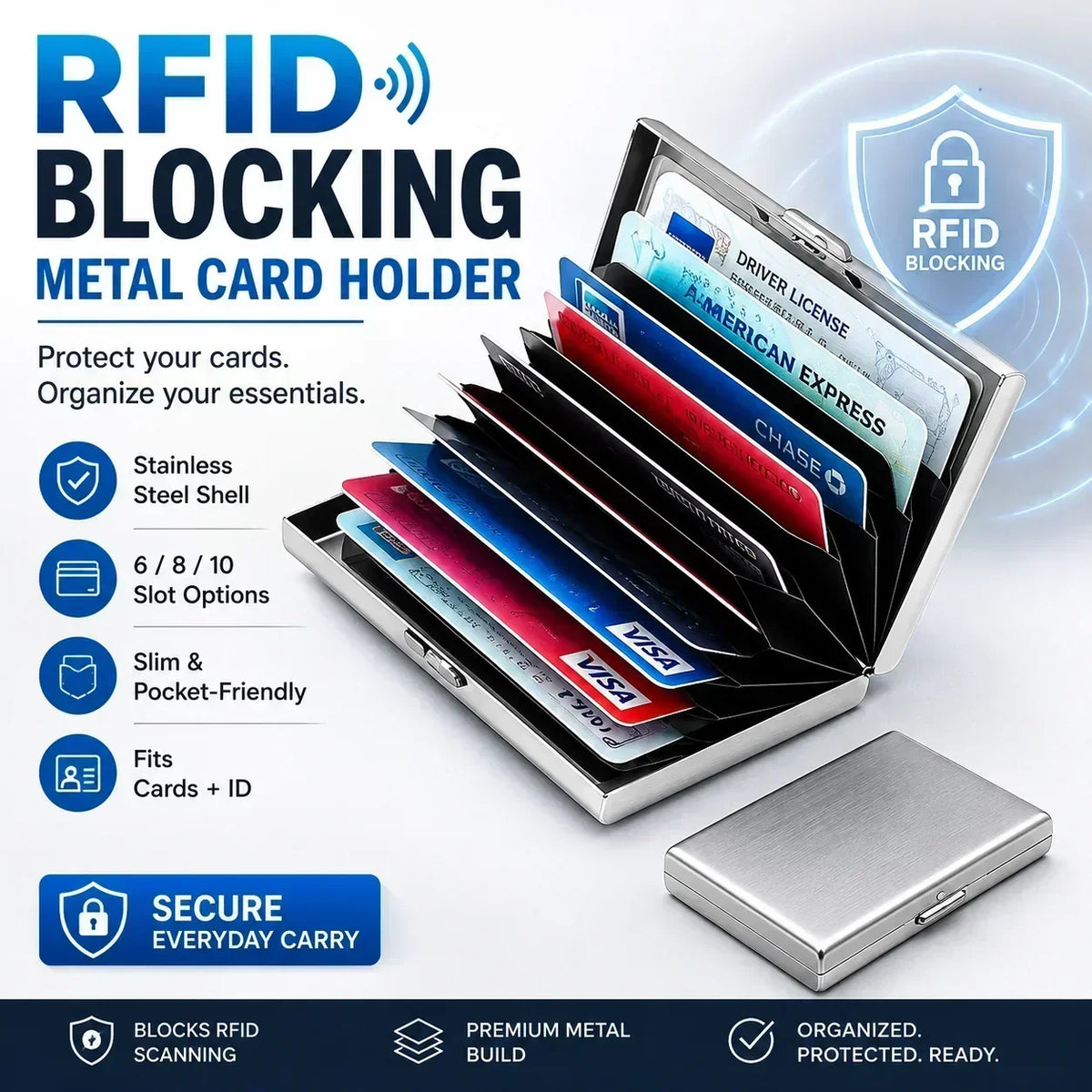 💸 Save More Today - ⚡📇RFID Blocking Card Holder – Slim Stainless Steel Wallet with 3 Capacity Options