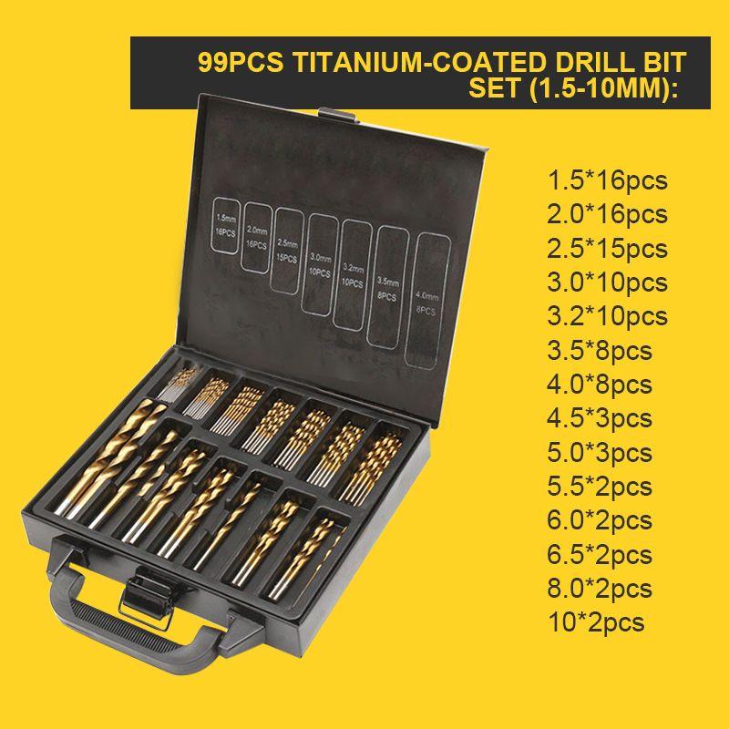 🔧50% OFF NOW ! ⚙️99Pcs Titanium Coated Drill Bit Set, High Hardness Multi-Size Drilling Bits for Wood Metal Plastic Electronics