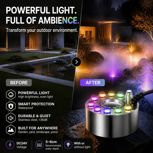 50% OFF! ⏰💨 12-LED Ultrasonic Mist Maker Fogger – Creates cool mist & colourful light – Perfect for humidifiers, fountains or Halloween decor – runs quietly in water 💧✨