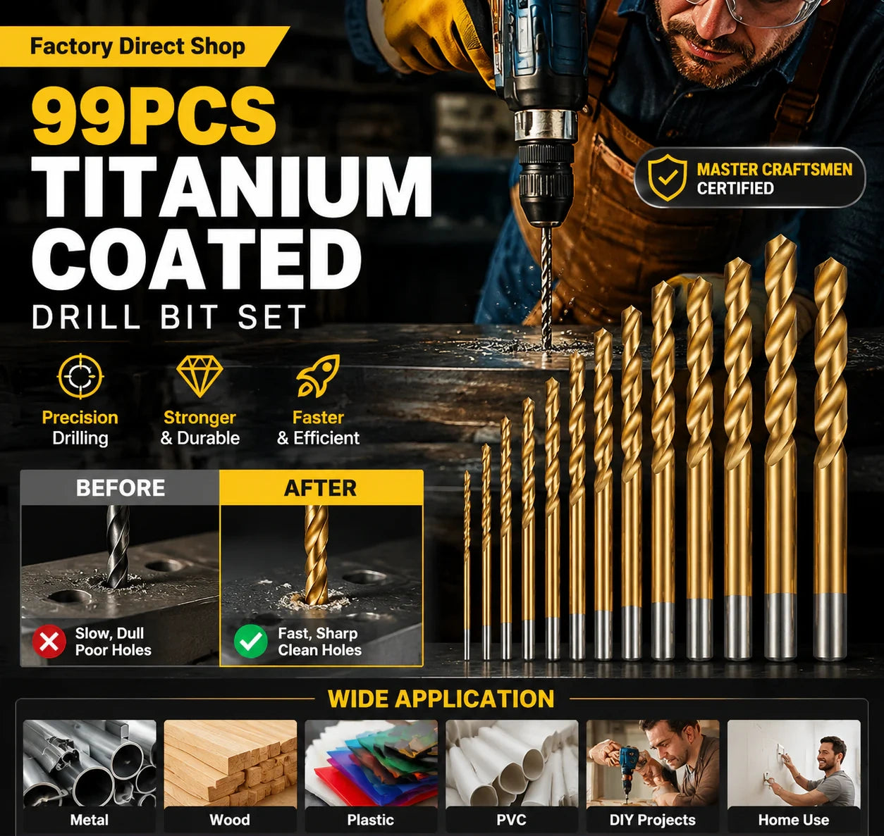 🔧50% OFF NOW ! ⚙️99Pcs Titanium Coated Drill Bit Set, High Hardness Multi-Size Drilling Bits for Wood Metal Plastic Electronics