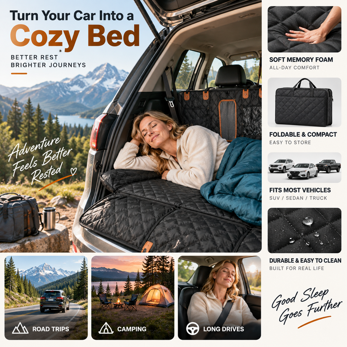 Car Rear-Seat Memory Foam Travel Mattress‑Foldable SUV Sedan Truck Camping Bed, Portable Non-Inflatable Car Sleeping Pad for Road Trips & Camping