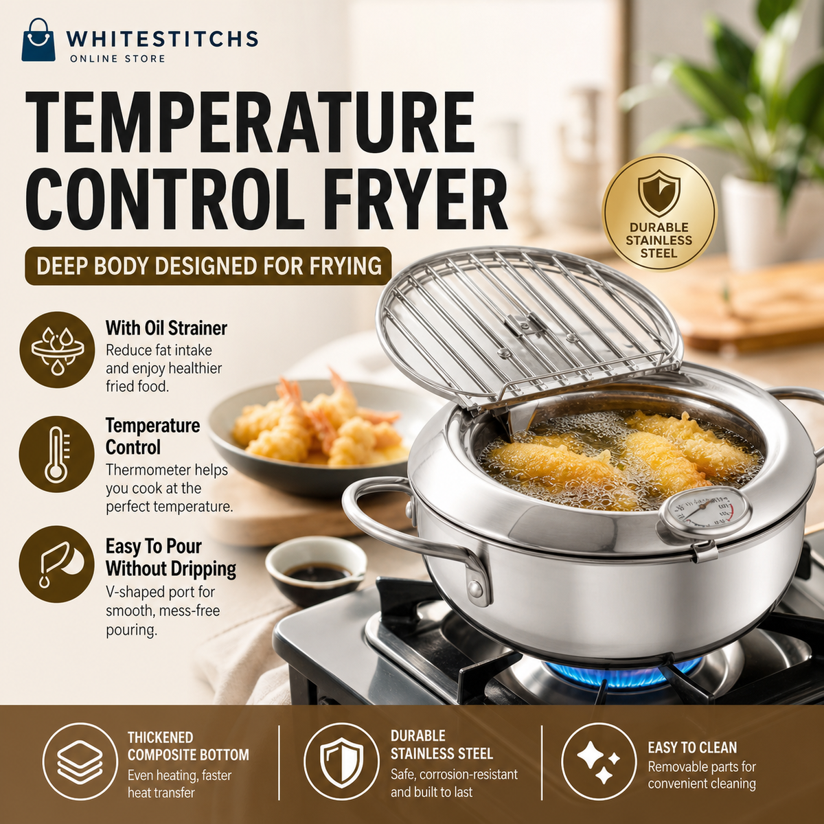 🎁2026 New Arrivals 50% OFF💥201 Stainless Steel Tempura Fryer Pot – Thermometer, Drain Rack, Deep‑Body ✨