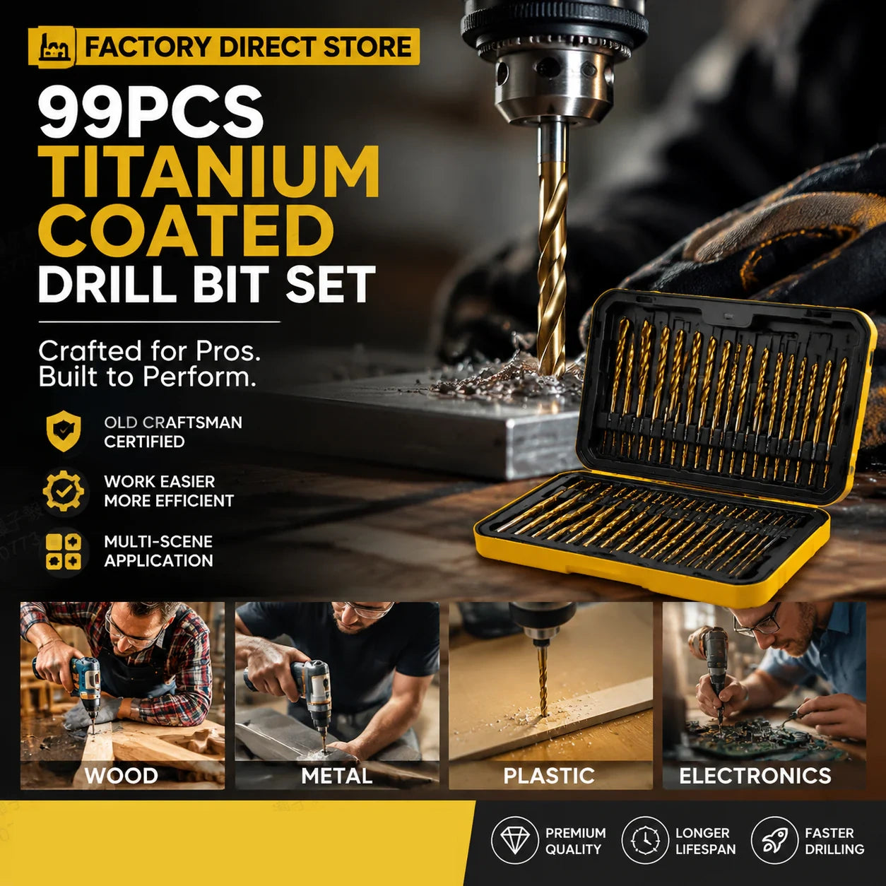 🔧50% OFF NOW ! ⚙️99Pcs Titanium Coated Drill Bit Set, High Hardness Multi-Size Drilling Bits for Wood Metal Plastic Electronics