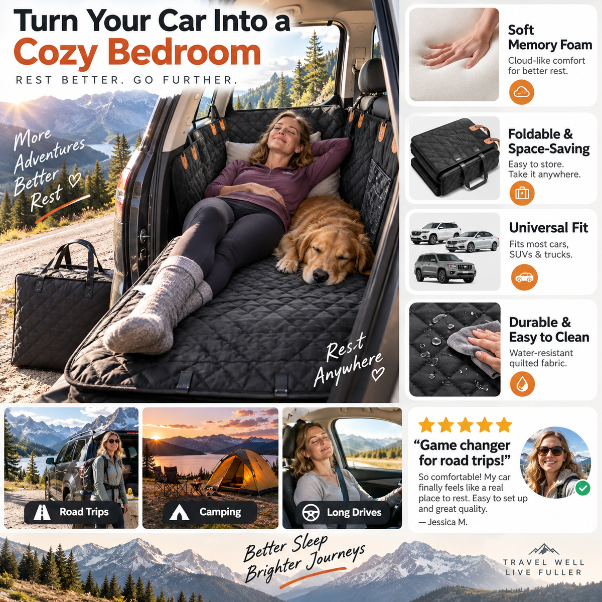 Car Rear-Seat Memory Foam Travel Mattress‑Foldable SUV Sedan Truck Camping Bed, Portable Non-Inflatable Car Sleeping Pad for Road Trips & Camping