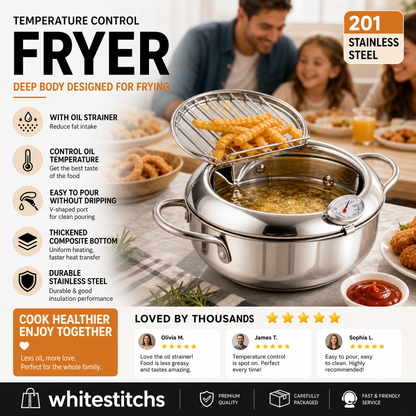 🎁2026 New Arrivals 50% OFF💥201 Stainless Steel Tempura Fryer Pot – Thermometer, Drain Rack, Deep‑Body ✨