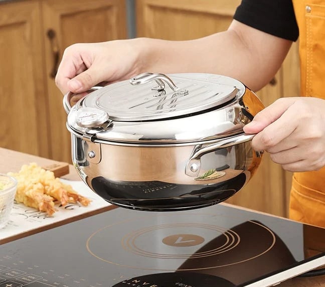🎁2026 New Arrivals 50% OFF💥201 Stainless Steel Tempura Fryer Pot – Thermometer, Drain Rack, Deep‑Body ✨