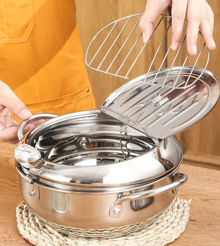 🎁2026 New Arrivals 50% OFF💥201 Stainless Steel Tempura Fryer Pot – Thermometer, Drain Rack, Deep‑Body ✨