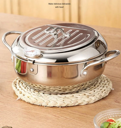 🎁2026 New Arrivals 50% OFF💥201 Stainless Steel Tempura Fryer Pot – Thermometer, Drain Rack, Deep‑Body ✨
