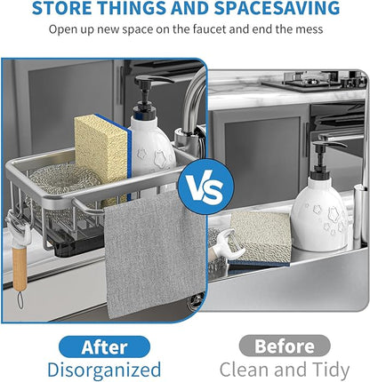 🥳2026 HOT SALE🥳💞50K+ SOLD! 🚿🧽 50% OFF! Faucet Sponge Holder Rack – space aluminum, rustproof, fast-drying, no tools. Organize sink & bathroom instantly! 🛡️✅