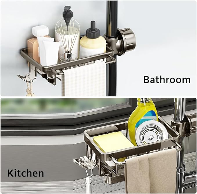 🥳2026 HOT SALE🥳💞50K+ SOLD! 🚿🧽 50% OFF! Faucet Sponge Holder Rack – space aluminum, rustproof, fast-drying, no tools. Organize sink & bathroom instantly! 🛡️✅