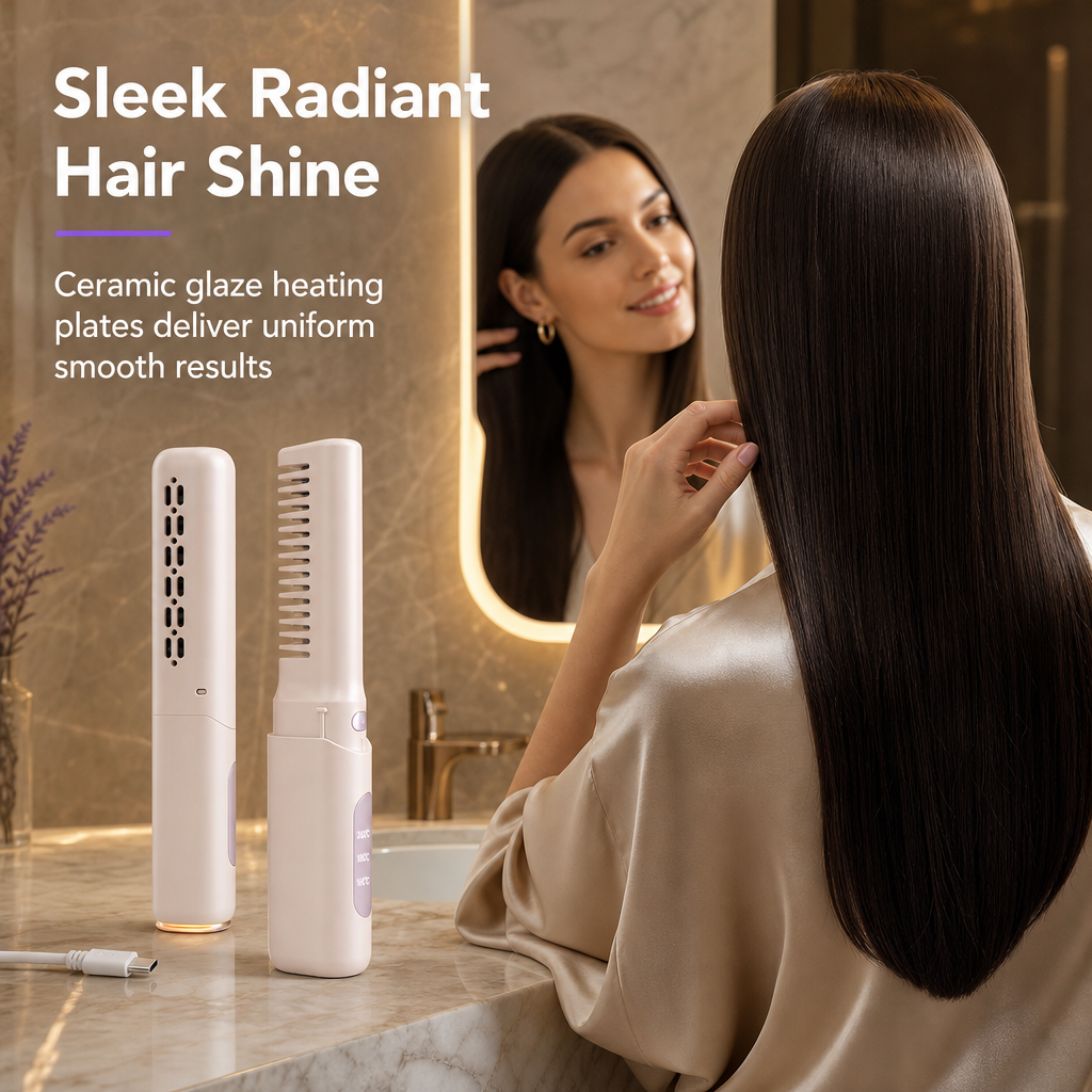 Portable Cordless Hair Straightener Brush and Curler 2 in 1 Mini Rechargeable Hair Straightening Comb for Travel