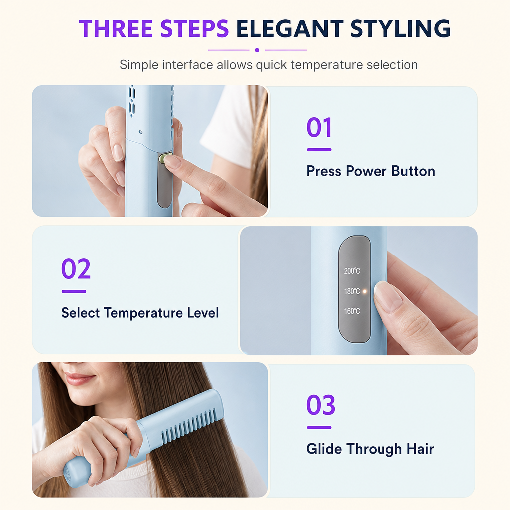 Portable Cordless Hair Straightener Brush and Curler 2 in 1 Mini Rechargeable Hair Straightening Comb for Travel