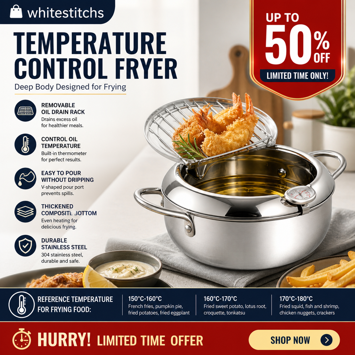 🎁2026 New Arrivals 50% OFF💥201 Stainless Steel Tempura Fryer Pot – Thermometer, Drain Rack, Deep‑Body ✨
